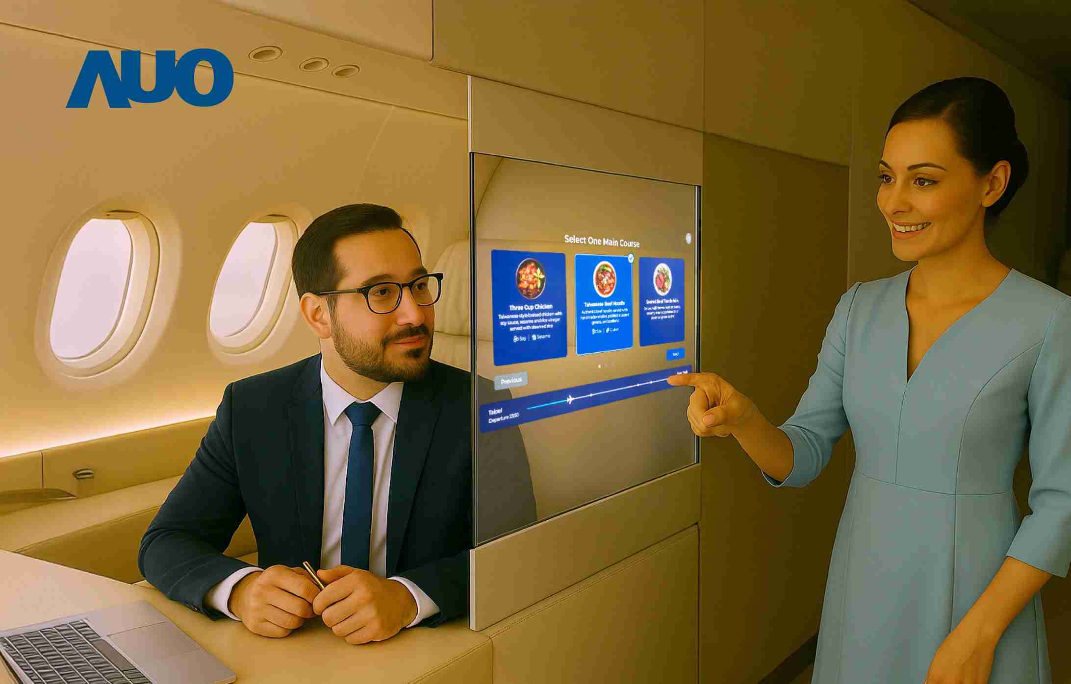 william威廉中文官网研发全球最薄17.3 吋双面透明 Micro LED 显示器，，，可在同一屏幕之双边投射不同信息，，，创造独特的”透明化”互动；图为实时翻译交流应用情境